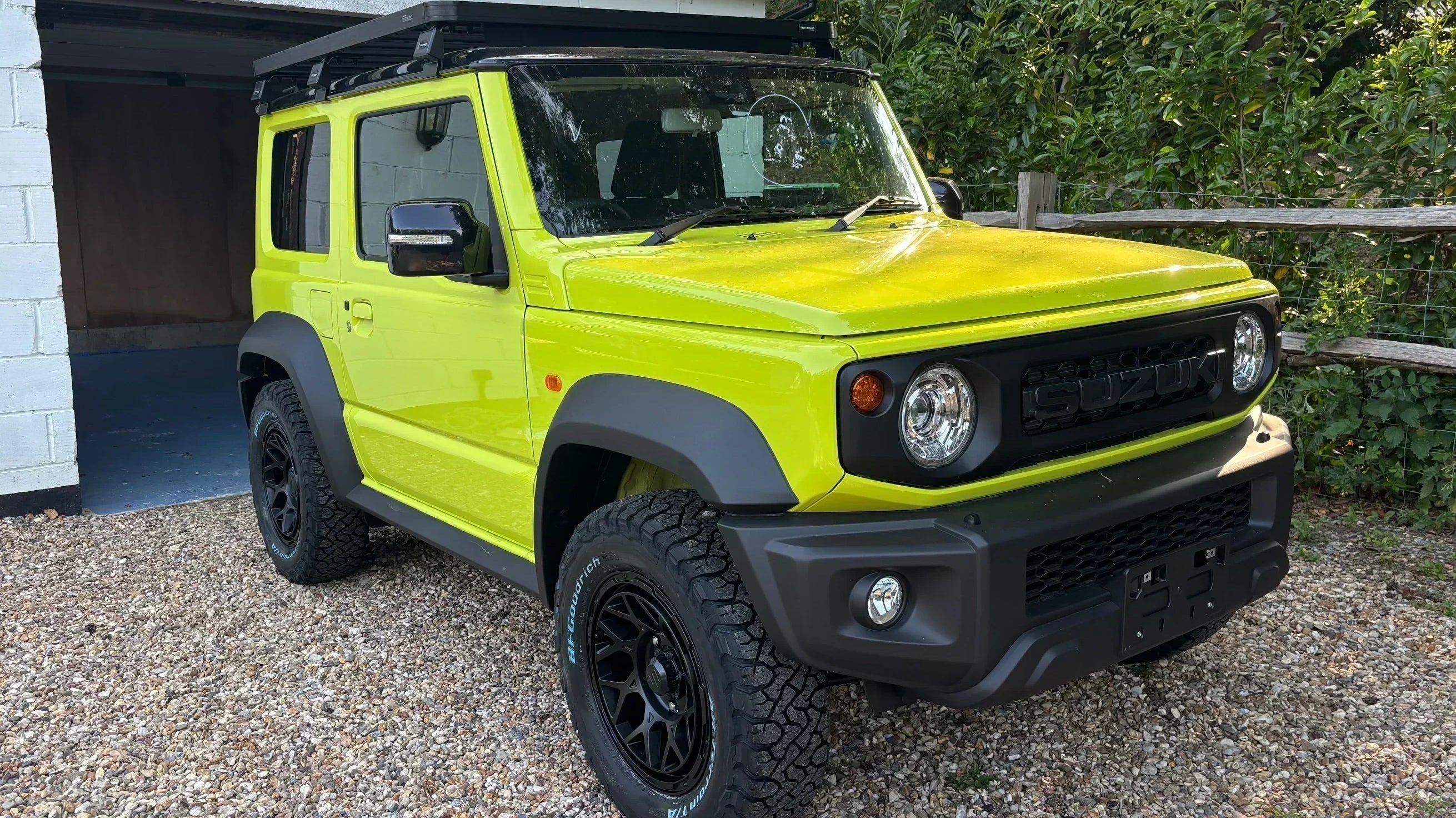 Kinetic Yellow Suzuki Jimny (2018+) with Satin Black Magpie M-01 wheels and BF Goodrich KO3 tyres