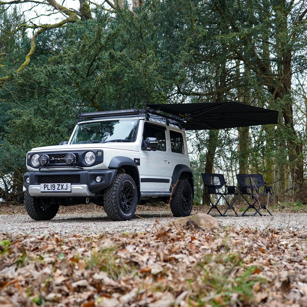 Clvershade 3.6m 270 degree awning fitted onto a Suzuki Jimny by Street Track Life